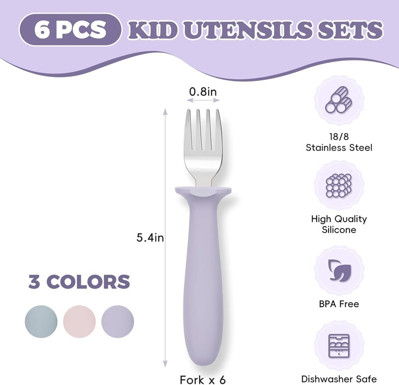 ITITT 6 PCS Toddler Forks Set - Baby Forks with Silicone Handle Children Food Grade 18/8 Stainless Steel Toddler Utensils Set for Self Feeding Kids Silverware Set Safe Anti-Choke Design Dishwasher Safe - Image 2